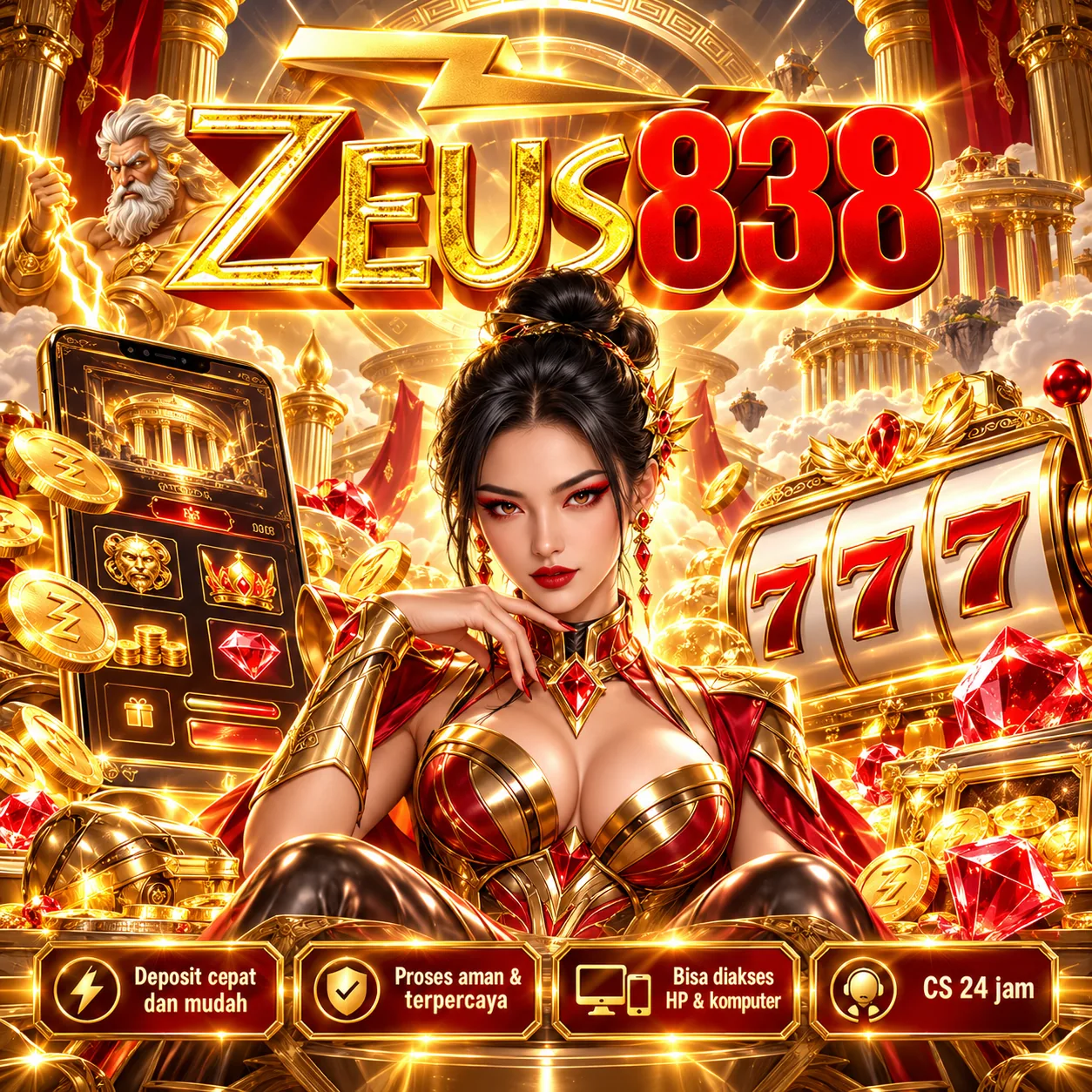 Ilustrasi visual ZEUS838 variasi 2, menampilkan tema emas, merah dan fantasi